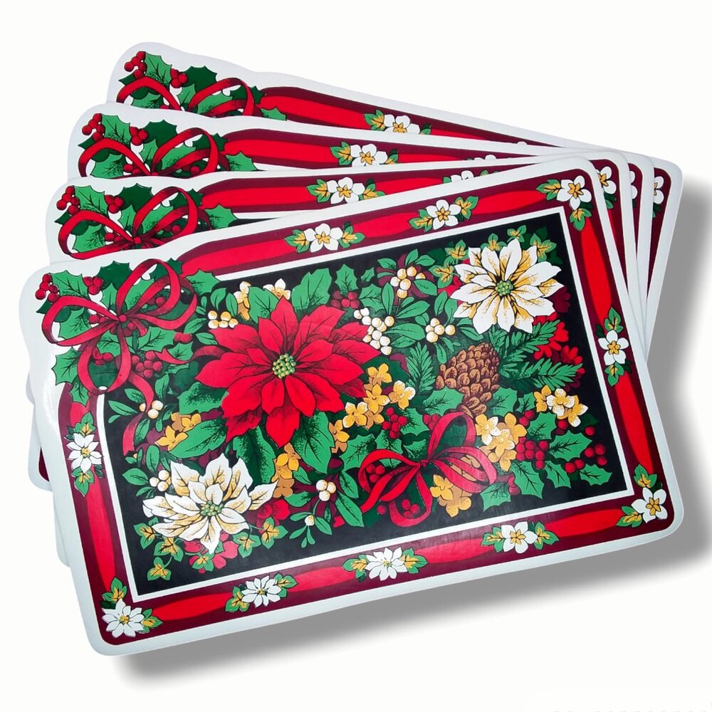 Vintage Christmas Vinyl Placemats Poinsettias Red Green Rectangular Set of 4